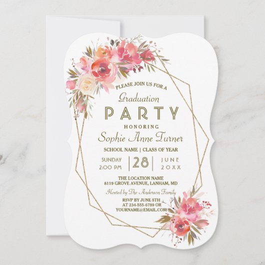 Invitation Blush Floral Gold Parties scintillant Frame Gradua (Devant)