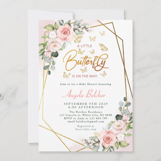 Invitation Blush Floral Gold Un petit Baby shower à papillon (Devant)
