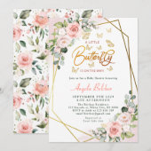 Invitation Blush Floral Gold Un petit Baby shower à papillon (Devant / Derrière)
