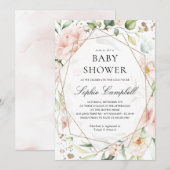 Invitation Blush Floral Green Girl Baby shower rustique (Devant / Derrière)