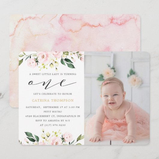 Invitation Blush Floral Greenery Girl 1er anniversaire Photo (Devant / Derrière)