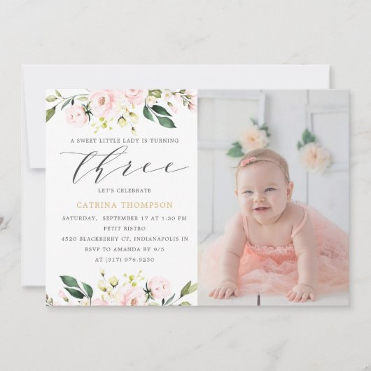 Invitation Blush Floral Greenery Girl 3ème anniversaire Photo (Devant)