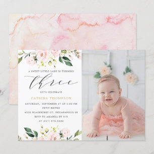 Invitation Blush Floral Greenery Girl 3ème anniversaire Photo