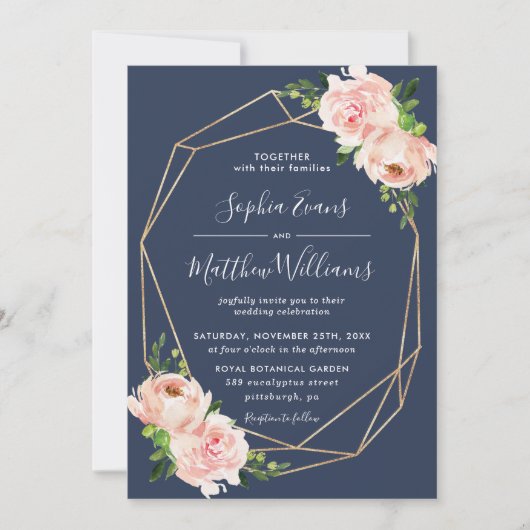 Invitation Blush Floral Greenery Gold Mariage géométrique Mar (Devant)