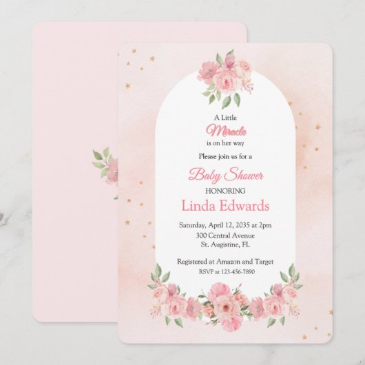Invitation Blush Floral Little Miracle Baby Shower  (Devant / Derrière)