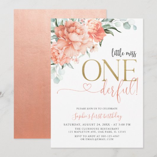 Invitation Blush Floral Little Miss Onederday 1er anniversair (Devant / Derrière)