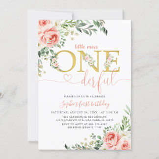 Invitation Blush Floral Little Onederful Girl 1er anniversair