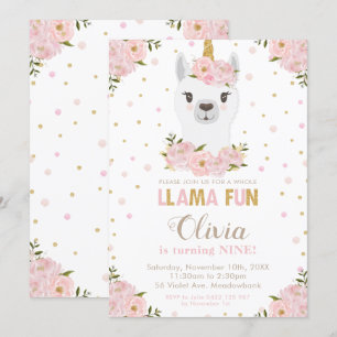 Invitation Blush Floral Llama Unicorn Anniversaire Llamacorn