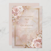 Invitation Blush Floral Marble Gilded Frame Wedding (Devant / Derrière)