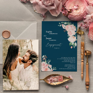 Invitation Blush Floral Marine Photo Engagement Party