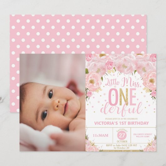 Invitation Blush Floral Miss Onedering 1er Anniversaire Photo (Devant / Derrière)
