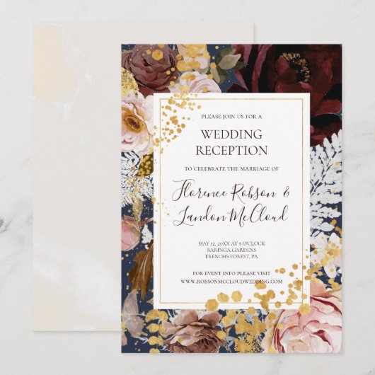 Invitation Blush Floral Moderne | Réception de Mariage Navy (Devant / Derrière)