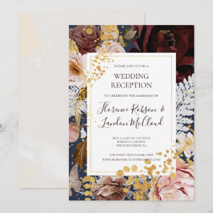 Invitation Blush Floral Moderne   Réception de Mariage Navy