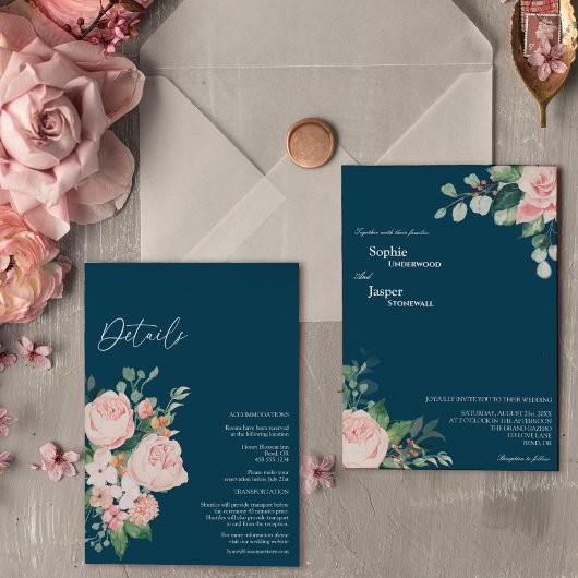 Invitation Blush Floral Navy Détails Tout En Un Mariage