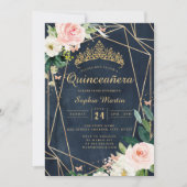 Invitation Blush Floral Navy Géométrique Papillon Quinceanera (Devant)