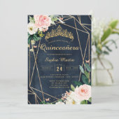 Invitation Blush Floral Navy Géométrique Papillon Quinceanera (Debout devant)