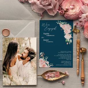 Invitation Blush Floral Navy Photo Nous sommes engagés Invita