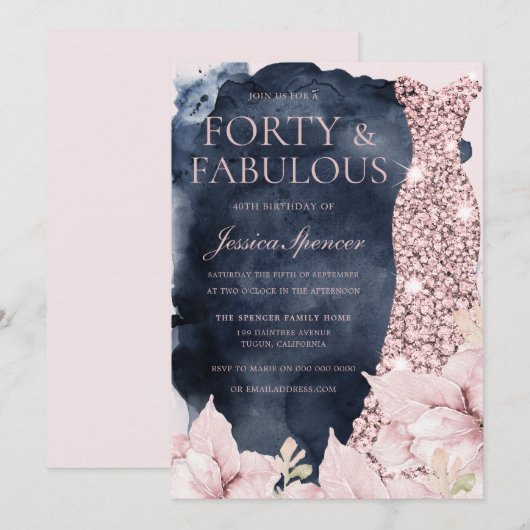 Invitation Blush Floral Navy Splash Gown 40th Birthday Party (Devant / Derrière)