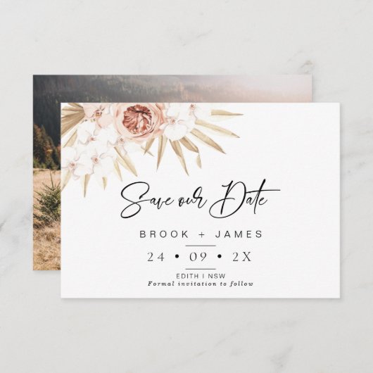 Invitation Blush Floral Palm Boho Mariage Enregistrer La Cart (Devant / Derrière)
