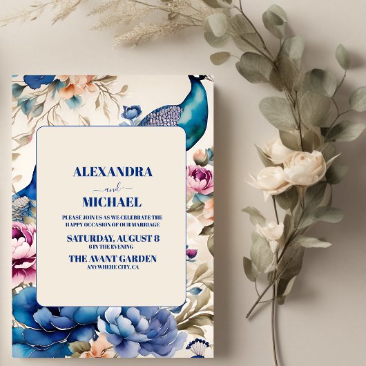 Invitation Blush Floral Peacock Chinoiserie Mariage