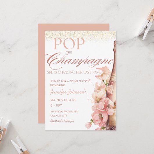 Invitation Blush Floral Pop la Fête des mariées Champagne (Devant/Arrière en situation)