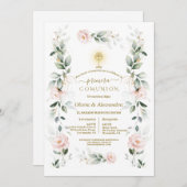 Invitation Blush Floral Primera Comunión Twins Holy Communion (Devant / Derrière)