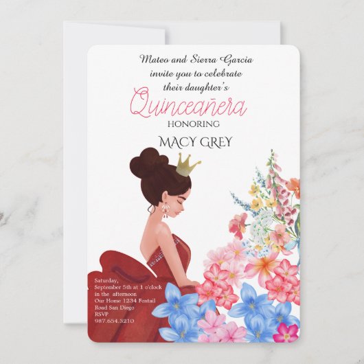 Invitation Blush Floral Quinceañera 15th Birthday (Devant)