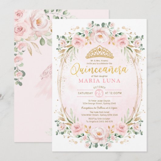 Invitation Blush Floral Quinceañera Mis Quince 15e anniversai (Devant / Derrière)