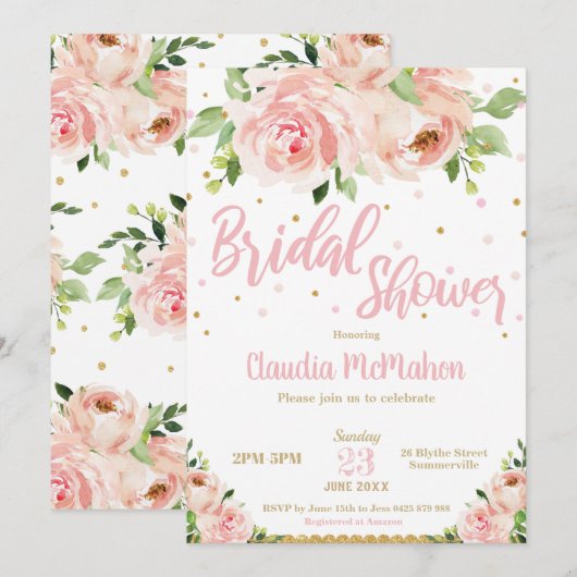 Invitation Blush Floral Rose Fête des mariées rose et or (Devant / Derrière)