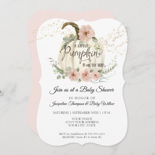 Invitation Blush Floral Roses Fall White Citrouille Baby show (Devant / Derrière)