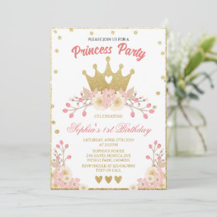 Invitation Blush Floral Royal Crown Princess Anniversaire
