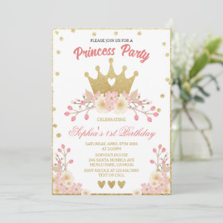 Invitation Blush Floral Royal Crown Princess Anniversaire