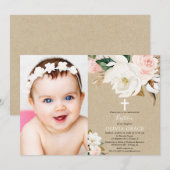 Invitation Blush floral rustique kraft fille baptême photo (Devant / Derrière)