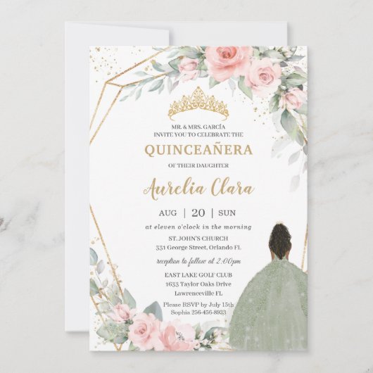 Invitation Blush Floral Sage Vert Brown Princesse Quinceañera (Devant)