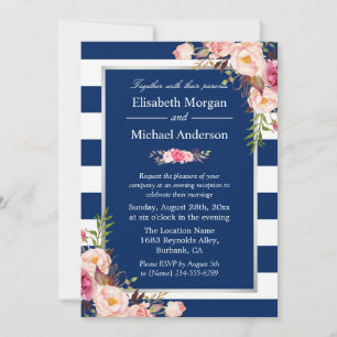 Invitation Blush Floral Silver Navy Blue Stripes Mariage