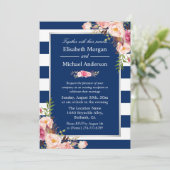Invitation Blush Floral Silver Navy Blue Stripes Mariage (Debout devant)