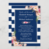 Invitation Blush Floral Silver Navy Blue Stripes Mariage (Devant / Derrière)