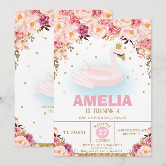 Invitation Blush Floral Swan Princess Pool Anniversaire (Devant / Derrière)