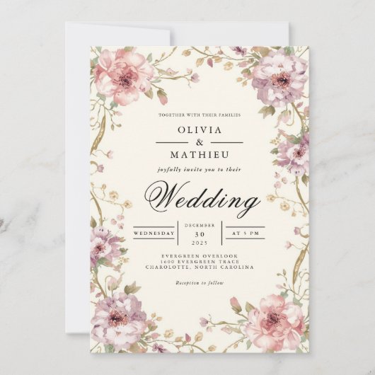 Invitation Blush Floral Vine Romance Mariage (Devant)