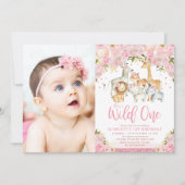 Invitation Blush Floral Wild Safari Animaux Fille 1er anniver (Devant)