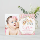Invitation Blush Floral Wild Safari Animaux Fille 1er anniver (Debout devant)