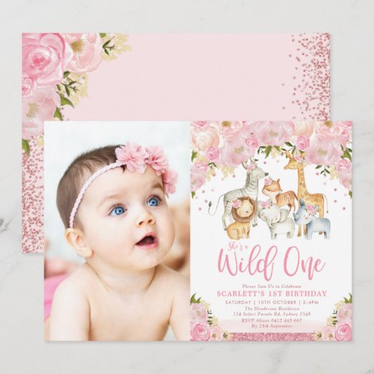 Invitation Blush Floral Wild Safari Animaux Fille 1er anniver (Devant / Derrière)