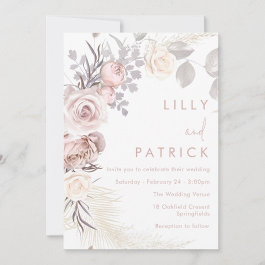 Invitation Blush Floral Wreath Moderne Boho Mariage (Devant)