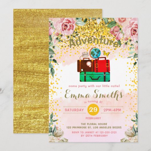 Invitation Blush Florals Adventure commence à Anniversaire Ba (Devant / Derrière)