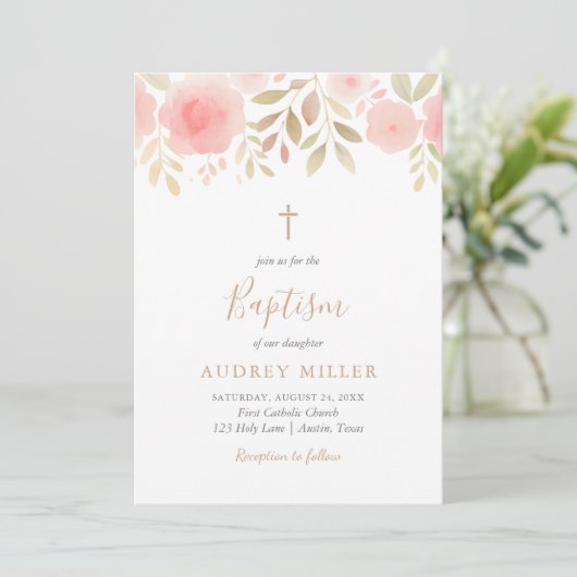 Invitation Blush Florals Cross Baptism (Debout devant)