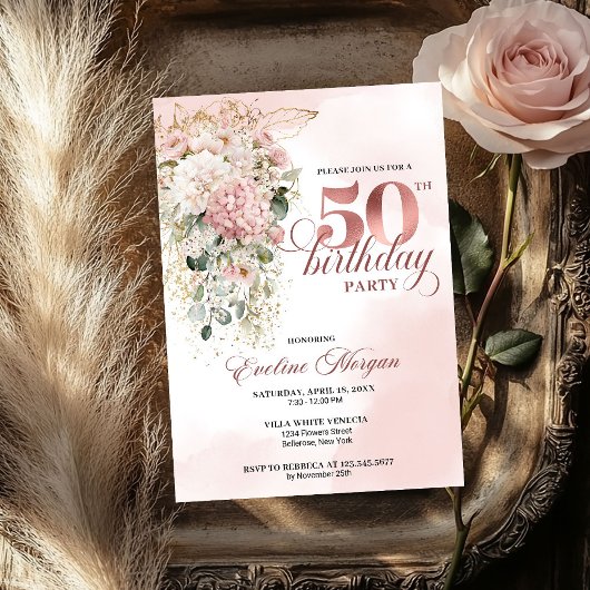 Invitation Blush Flowers Rose Gold Greenery 50th Birthday
