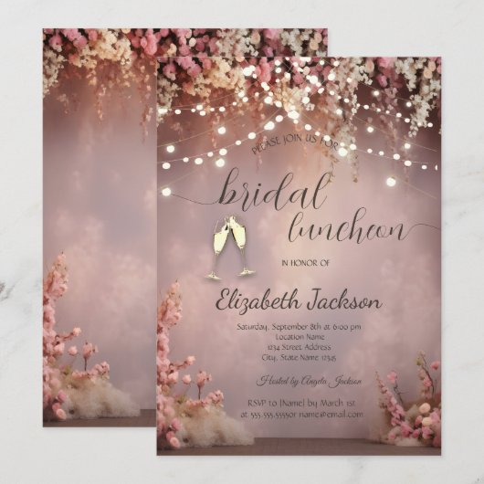 Invitation Blush Flowers String Lights Champagne Wedding (Devant / Derrière)