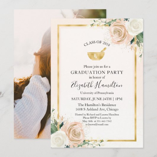 Invitation Blush & Foil Gold Pharmacy School Grad Party Photo (Devant / Derrière)