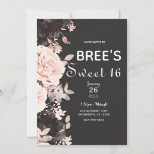 Invitation Blush Foncé Floral Rose Charbon Gris Sweet 16