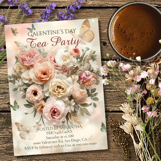 Invitation Blush Garden Roses Galentine Tea Party Florals
